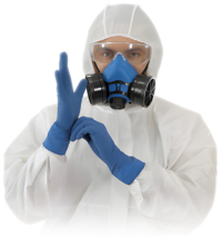 Certified environmental technician conducting hazardous materials inspection in building.