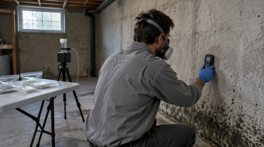 Consultant checking moisture on a basement foundation wall with mould staining, with an air sampling pump and sealed sample bags nearby