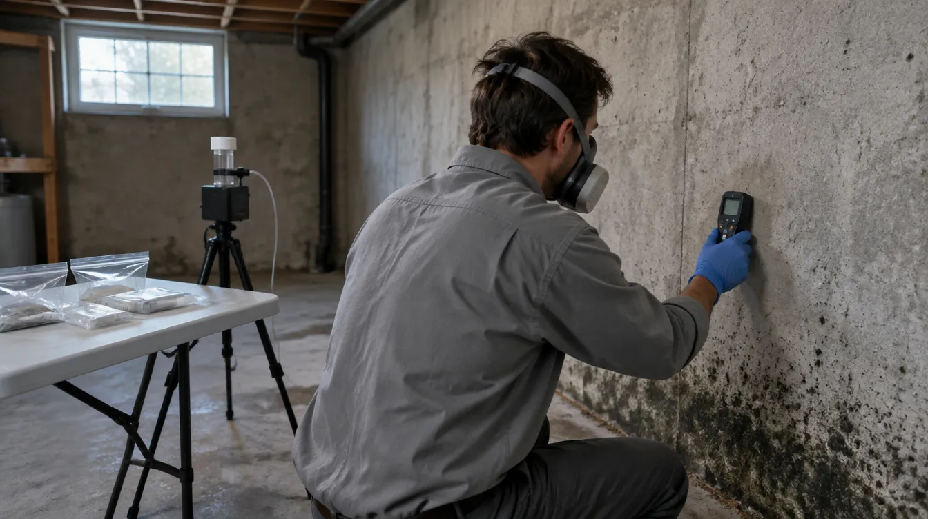 Consultant checking moisture on a basement foundation wall with mould staining, with an air sampling pump and sealed sample bags nearby